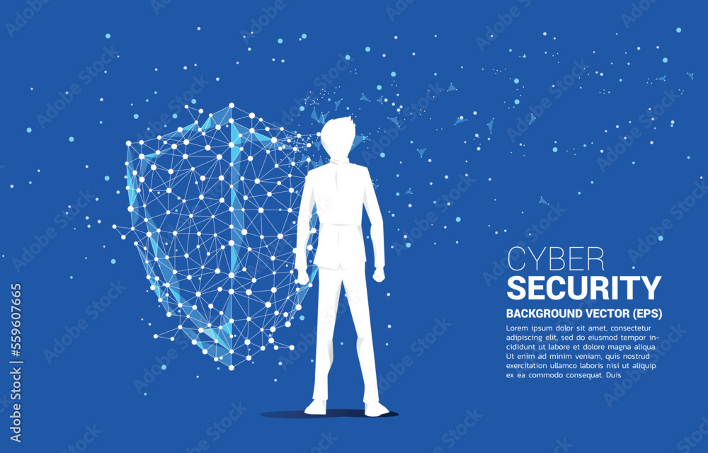 Poster Vector Silhouette of businessman with Protection shield icon from dot connect line polygon network. concept of guard security and safety