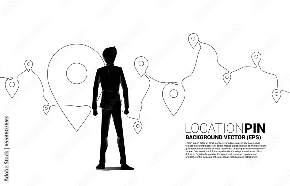 Poster Vector Silhouette of businessman with Travel Network Pin mark from single line. concept of travel route location and journey