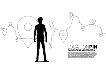 Vector Silhouette of businessman with Travel Network Pin mark from single line. concept of travel route location and journey