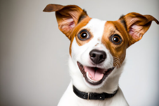Jack Russell terrier dog with a smile. a happy dog with a large snout on a white backdrop. Studio image. Generative AI