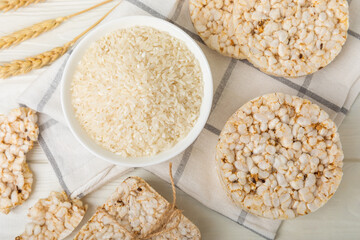 Rice cakes on a white texture background. Bread. Airy rice bread. dietary crispy round rice cakes. Place for text. Place to copy. Healthy food. dietary product.