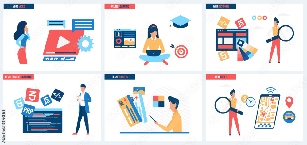 Poster online training, web design and development of programming language, taxi and plane tickets order se