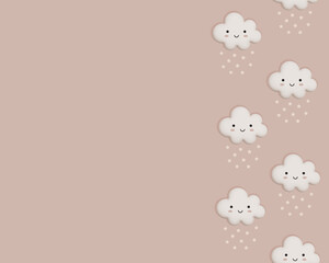 Baby Shower Vector Illustration with Cute Kawaii Clouds on a Light Blush Background. Fluffy Smiling Clouds on a Beige Layout. Sweet Nursery Print. No Text.