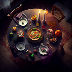A scene with table full of food in dramatic lighting, generative ai