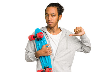 Young skater African American man isolated feels proud and self confident, example to follow.