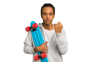 Young skater African American man isolated showing fist to camera, aggressive facial expression.