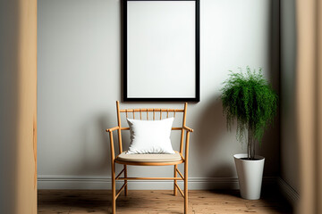 a chair and a 2 3 wooden frame poster hanging. Generative AI