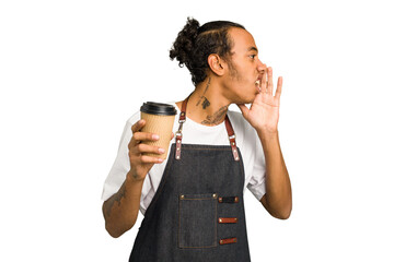 Young African American waiter man holding a takeaway coffee isolated shouting and holding palm near...