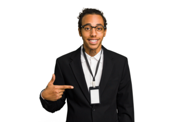 Young African American business man with badge isolated person pointing by hand to a shirt copy space, proud and confident