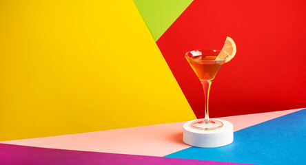 Yellow bird alcoholic cocktail with white rum, liquor and lime juice in martini glass. Modern style still life on bright multicolored background