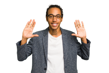 Young African American man isolated showing number ten with hands.