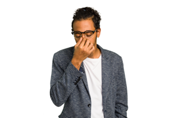 Young African American man isolated having a head ache, touching front of the face.
