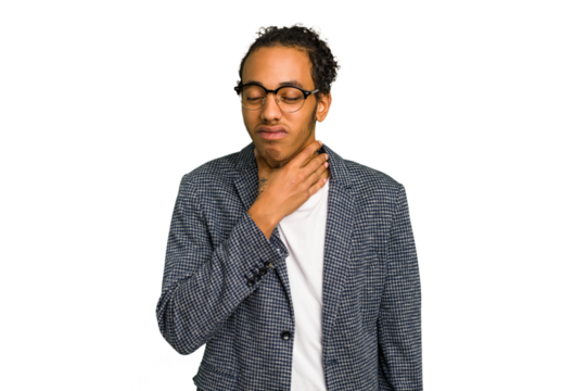 Young African American man isolated suffers pain in throat due a virus or infection.
