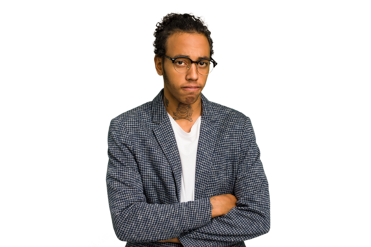 Young African American man isolated unhappy looking in camera with sarcastic expression.