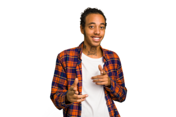 Young African American man isolated pointing to front with fingers.