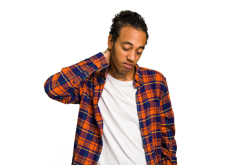 Young African American man isolated having a neck pain due to stress, massaging and touching it with hand.