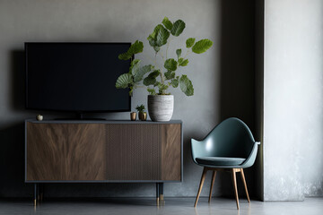 a cabinet TV in a contemporary living room with a chair, light, table, flower, and plant against a background of concrete,. Generative AI