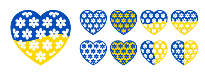 Set of heart shape stickers with flower pattern for Ukraine support. Save Ukraine icon is a patriotic concept in the colors of the Ukrainian flag. Vector graphic illustration for social media design