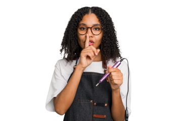 Young african american manicurist woman holding an electric file drill isolated keeping a secret or asking for silence.