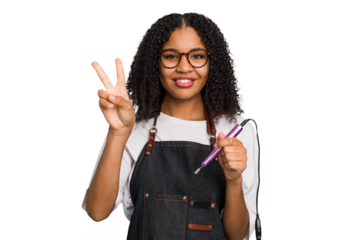 Young african american manicurist woman holding an electric file drill isolated showing number two with fingers.