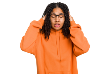 Young african american woman with curly hair cut out isolated touching temples and having headache.