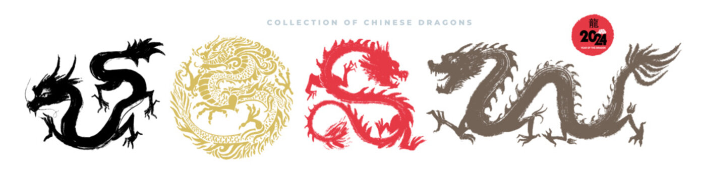 Сollection of Chinese hand drawn dragons. painted with a brush stroke black, gold, red, brown. Traditional Chinese Dragon. Set of asian dragons. Happy Chinese New Year 2024 year. Vector illustration.
