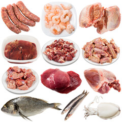Image of raw meat, fish and poultry isolated on white background