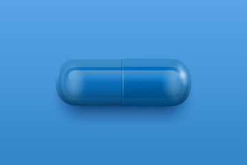 Vector 3d Realistic Blue and White Pharmaceutical Medical Pill, Capsule, Tablet on Blue Background. Front View. Copy Space. Medicine, Male Health Concept
