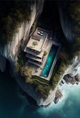 Luxury tropical house exterior, top down view, Villa  a cliff , drone view. Holiday resort. Ai Generative