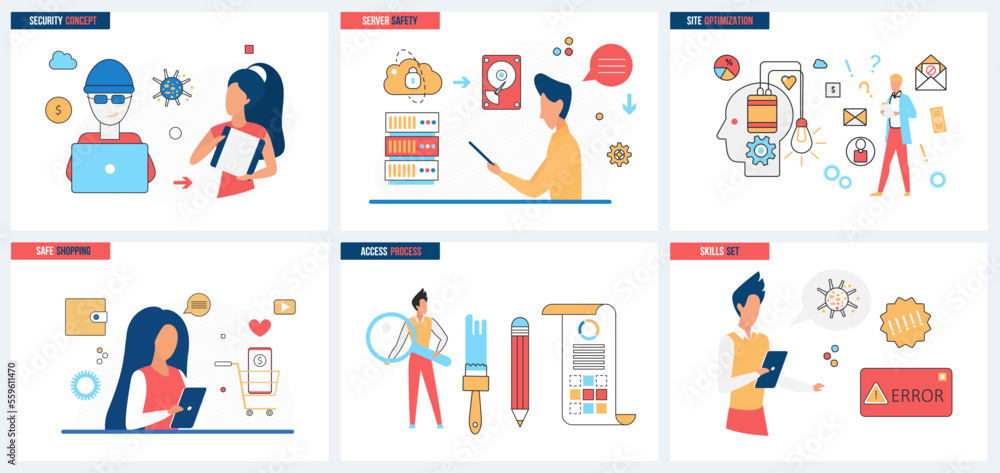 Aufkleber server and website optimization, cybersecurity, secure account access and shopping set vector illust