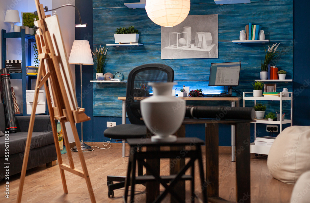 Poster modern art studio in person with artistic skills home. empty contemporary visual drawing atelier wit