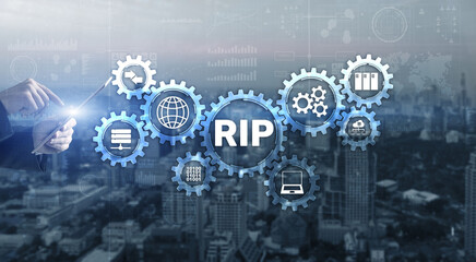 RIP. Businessman pressing virtual screen Routing Information Protocol. Technology networks concept