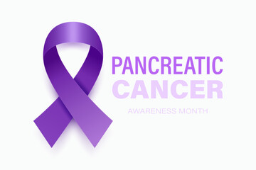 Pancreatic Cancer Banner, Card, Placard with Vector 3d Realistic Purple Ribbon on White Background. Pancreatic Cancer Awareness Month Symbol Closeup. World Pancreatic Cancer Day Concept