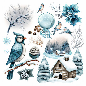 Winter collection. Clipart pack set. Watercolor illustrations. Isolated in white background. Generated AI image