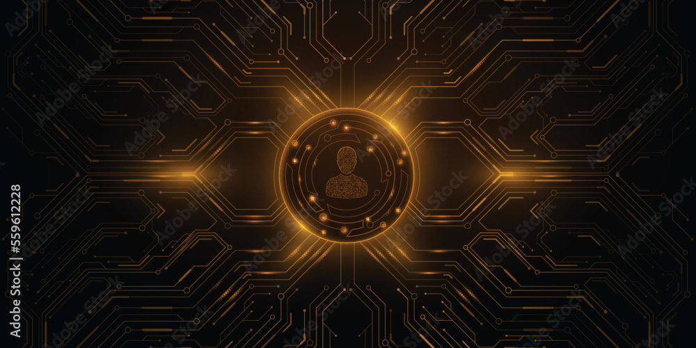 Poster Futuristic display for user interface with glowing cpu board. Storage of network user data. UI and UX design. Hi-tech background. Vector illustration