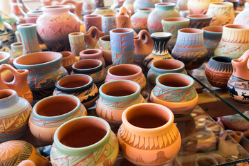 Many Navajo style pots and pots displayed in a shop within Monument Valley