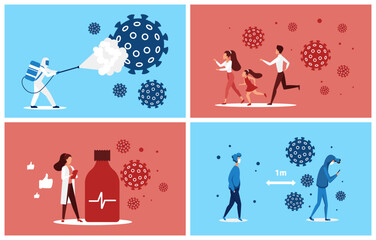 Covid safety measures. Health protection, keep social distance, virus disinfection vector illustration