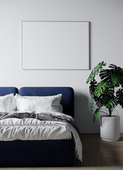 Bright white bedroom with a blue navy bed. Horizontal large 1 one frame for art. Mockup for a picture. Background wall interior design. 3d rendering