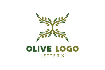 Olive logo design with letter x concept, natural green olive vector illustration