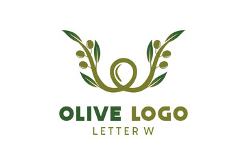 Olive logo design with letter w concept, natural green olive vector illustration