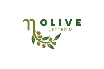 Fototapeta premium Olive logo design with letter m concept, natural green olive vector illustration