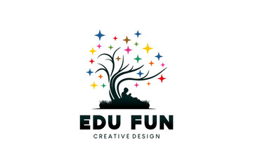 Education logo symbol inspiration design, kid reading a book under a tree