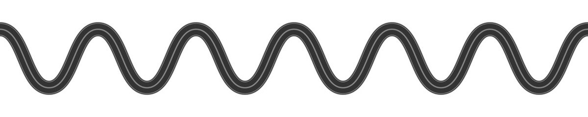 Empty serpentine road with marking. Element of winding roadway isolated on white background.Top aerial view. Seamless waving highway template. Vector flat illustration