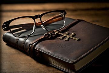 the holy bible beside eyewear and a notebook,. Generative AI