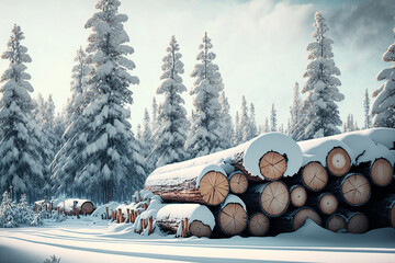 Bright winter logging tree, pines and spruces covered with snow. Log trunks pile, timber wood industry. AI generative