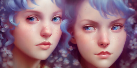 Close-up portrait of two cute twin sisters with blue hair. Generative AI art