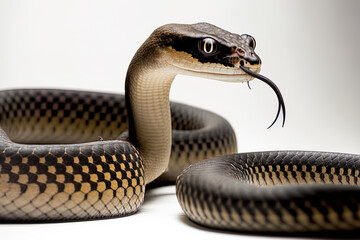 Monocled siamese cobra with snake, isolated on white background ( Naja kaouthia ). A common species found across South and Southeast Asia is the deadly, very poisonous cobra snake. Generative AI