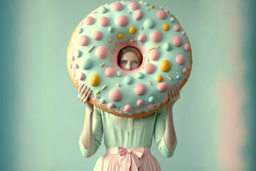 Woman holding gigantic doughnut. AI generated image.
