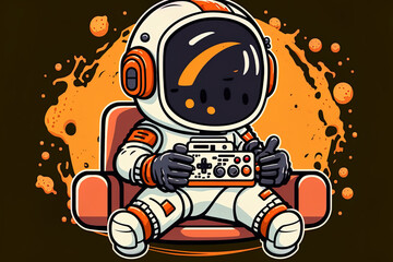 Cartoon symbol depicting a cute astronaut seated on a joystick and waving a hand. Generative AI