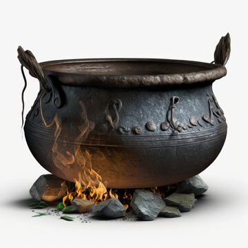 Antique copper pot cauldron over flames isolated on a white background